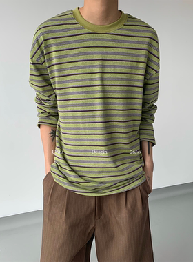 Untit 休闲慵懒风圆领条纹长袖T恤男女基础款百搭内搭小众上衣
