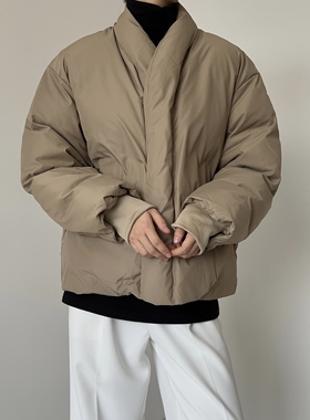 韩版休闲无领棉服日系复古纯色短款加厚面包服棉袄ins保暖外套男