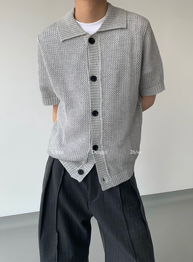 Uitit 意式老钱复古镂空针织短袖开衫polo松弛肌理莱赛尔亚麻混纺