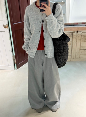 MONO 韩系慵懒风灰色开衫毛衣圆领宽松松弛休闲针织衫外套