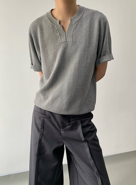 MONO 老钱风V领针织短袖小众宽松肌理设计感简约套头上衣百搭T恤