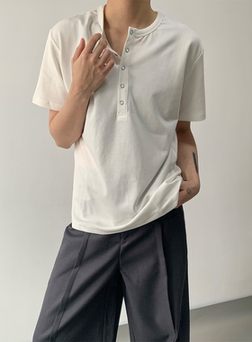 MONO 复古老钱亨利领短袖宽松慵懒纽扣设计套头正肩纯色百搭上衣