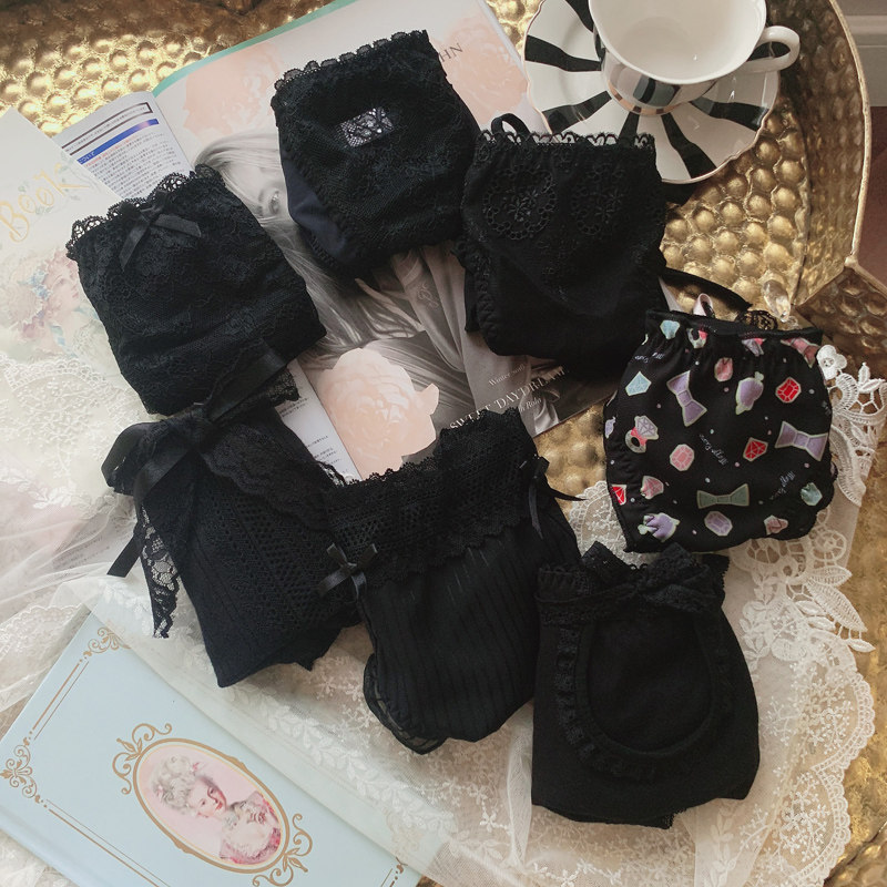 性感黑色哥特风少女中低腰蕾丝全棉内裤可爱蝴蝶结牛奶丝三角裤女