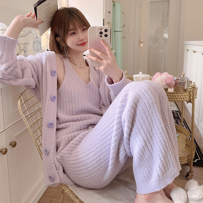 女半边绒三件套睡衣长袖长裤套装