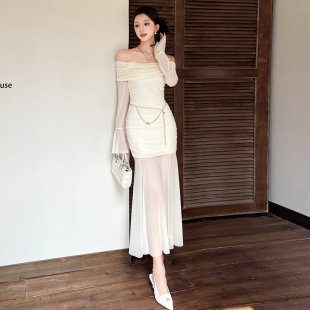 秋冬新款 一字肩显瘦包臀连衣裙高级感网纱拼接宴会礼服裙 绝美法式