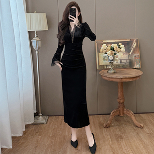 轻奢优雅风蕾丝拼接喇叭袖 丝绒连衣裙女黑色裙打底宴会礼服包臀裙
