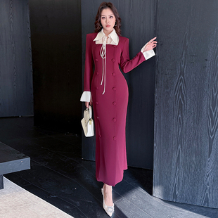 包臀重要场合漂亮连衣裙女春新款 收腰显瘦修身 双排扣气质长袖 法式