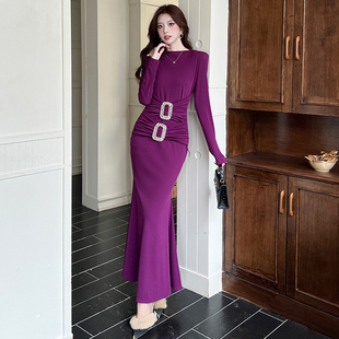 气质纯色轻熟风长袖 显瘦包臀鱼尾收腰设计感长裙 连衣裙女弹力修身