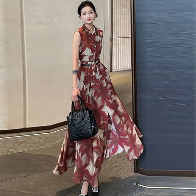 休闲大摆乔其纱花色腰带连衣裙夏