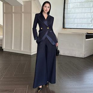 拼色条纹修身显瘦气质秋冬长袖西装套装女高腰垂坠感阔腿裤两件套