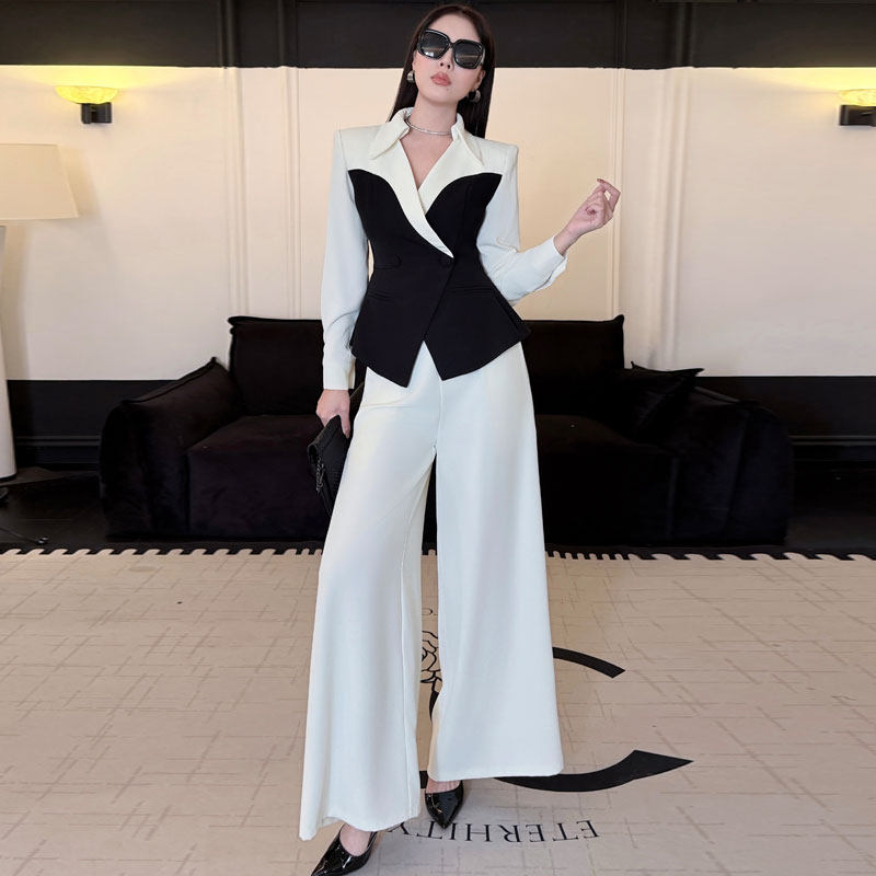 修身长袖上衣高腰阔腿裤拼色春装搭配一整套高级感轻奢女装套装新