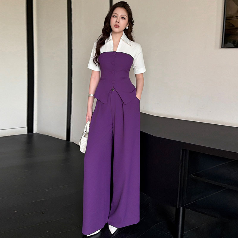 修身拼色西装阔腿长裤两件套女夏
