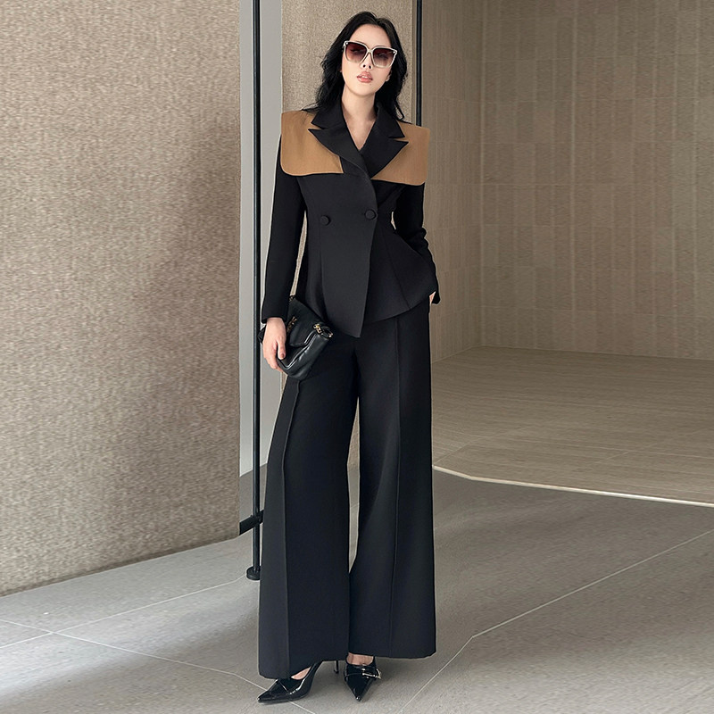 休闲拼色短外套高腰垂感阔腿裤女装套装轻奢高级感女人味秋冬新款