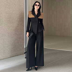 休闲拼色短外套高腰垂感阔腿裤女装套装轻奢高级感女人味秋冬新款