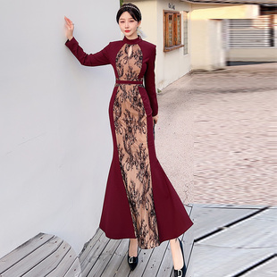 气质显瘦高腰时尚 长裙潮 蕾丝拼接垂坠感鱼尾裙丝绒连衣裙秋冬新款