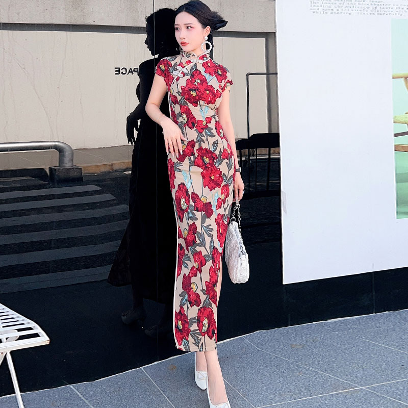 气质修身印花高档新式改良旗袍垂坠感独特连衣裙超好看长裙夏新款