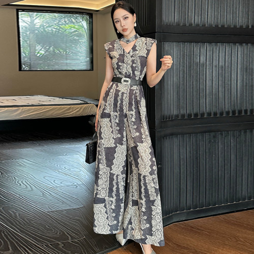 高腰印花阔腿挂脖连体裤女夏新款