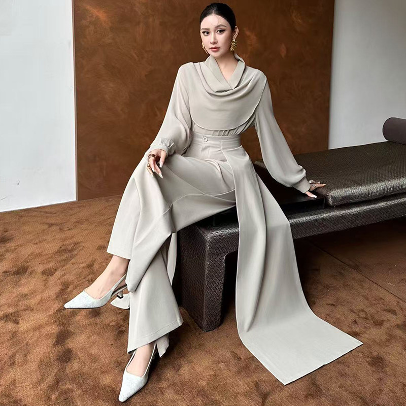 显瘦藏肉荡领长袖宽松上衣高腰阔腿垂感长裤早秋独特超好看套装女,女装/女士精品,时尚套装,淘宝优惠券,粉丝福利购,淘宝优惠卷