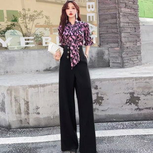 炸街高级休闲时尚套装女港风雪纺上衣窄版阔腿长裤女2023新款夏装