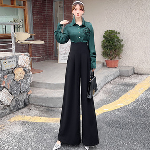 欧版长袖修身时尚衬衣女气质名媛套装秋冬高腰阔腿长裤垂感两件套
