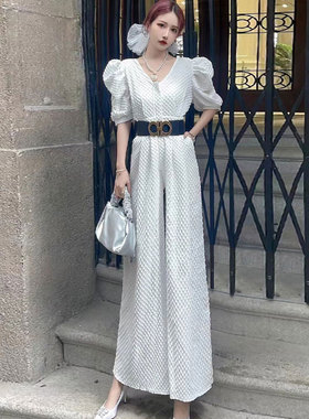 泡泡袖气质高腰加长连体裤夏女高级感收腰垂直感阔腿裤新款连衣裤