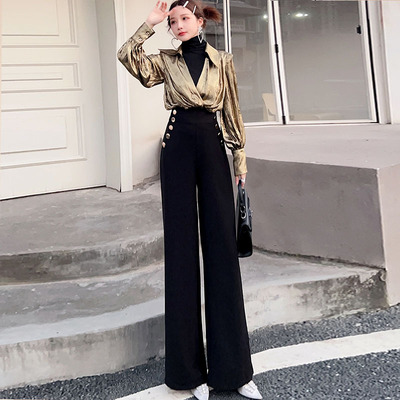 烫金2023年秋阔腿长裤两件套时尚