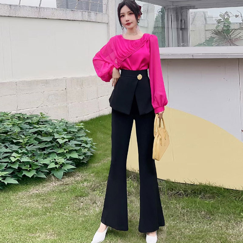 上衣女时尚洋气时髦遮肚子黑色喇叭裤女高腰显瘦微喇垂坠感套装夏