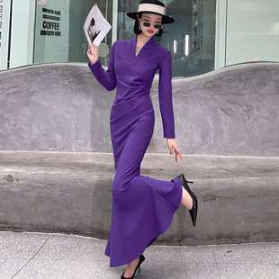 秋季 掐腰气质名媛高端连衣裙女神范高级感遮肚子气质鱼尾长裙 法式