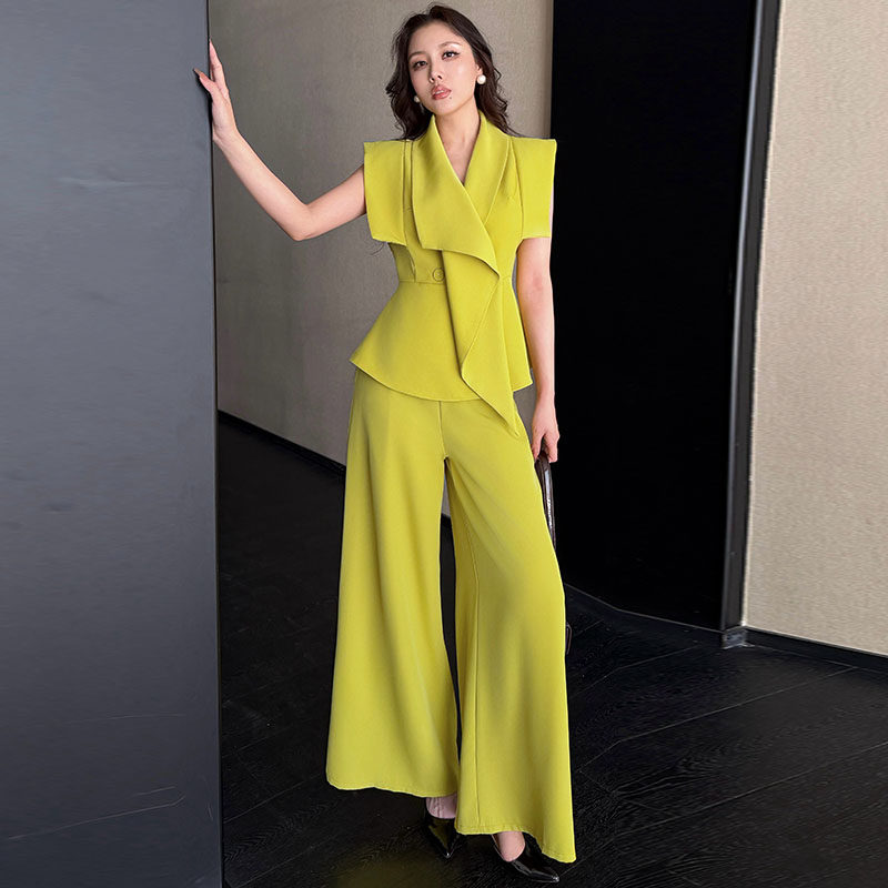 修身无袖显瘦上衣高腰垂坠感阔腿长裤独特设计感漂亮套装女夏新款