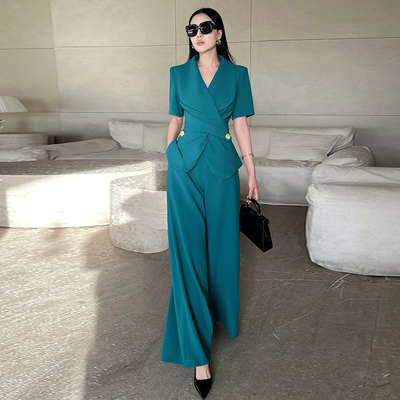 西装领修身短袖上衣阔腿裤套装