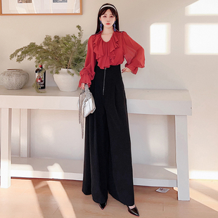 女装套装轻奢高级感女人味修身上衣高腰垂坠感阔腿长裤春夏两件套
