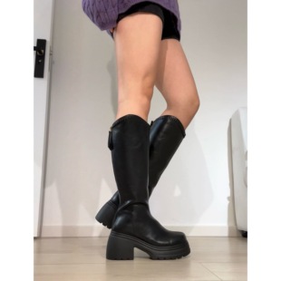 拖沓刘天王/小粗腿巨显瘦全牛皮粗跟骑士靴v口宽筒长筒靴/34-40