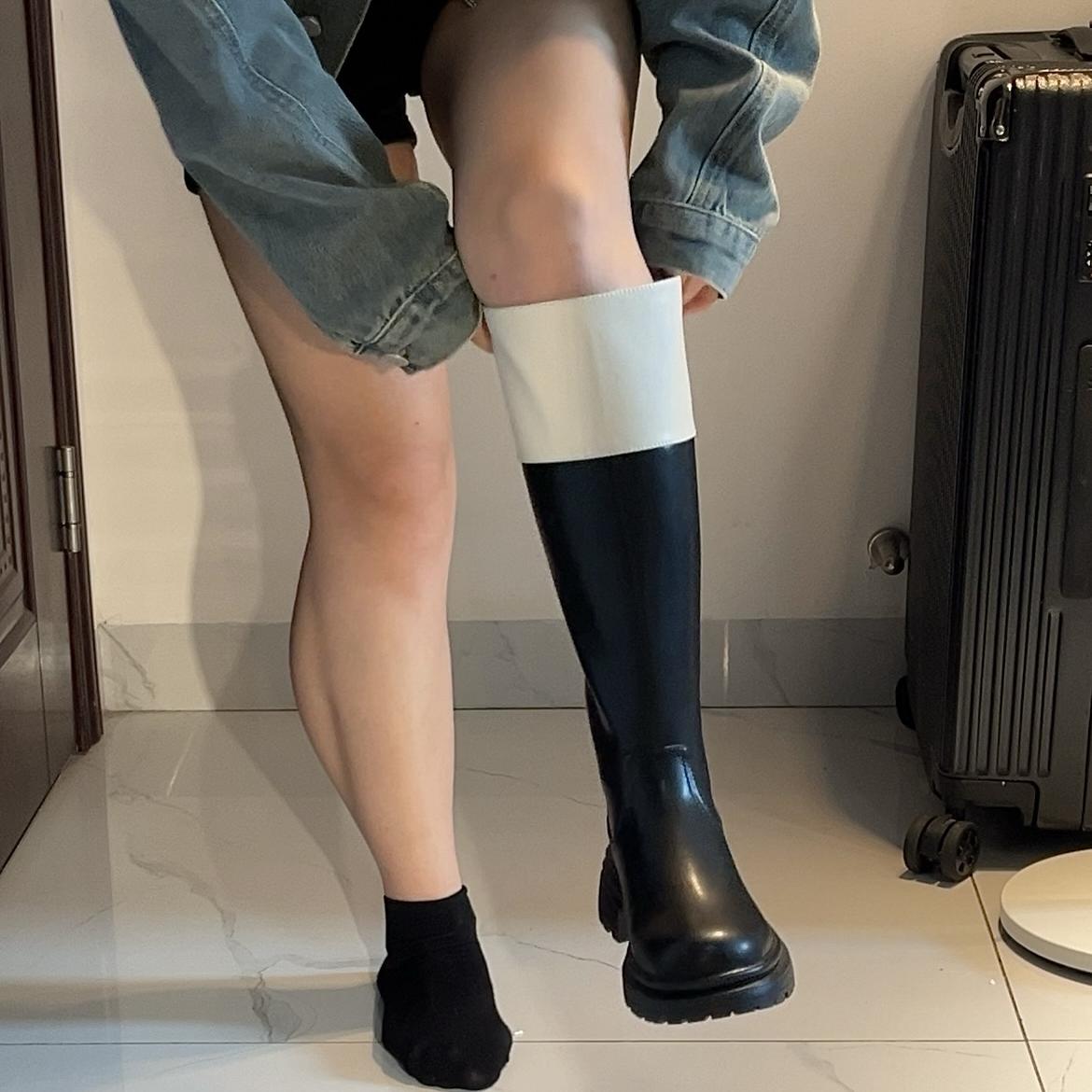 拖沓刘天王/小粗腿巨显瘦美拉德粗跟拼色长筒靴/大小筒围/跟高5cm