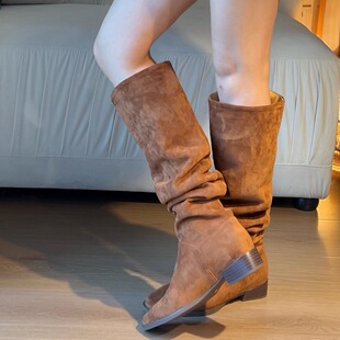 拖沓刘天王/小粗腿巨藏肉复古绒面皱皱靴女尖头时髦长筒靴/34-40