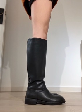 拖沓刘天王/小粗腿巨显瘦全牛皮极简风骑士靴宽筒百搭长筒靴34-40