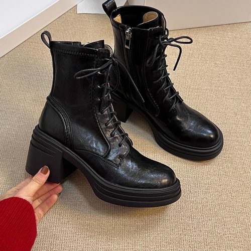 头层羊皮前系带马丁靴粗