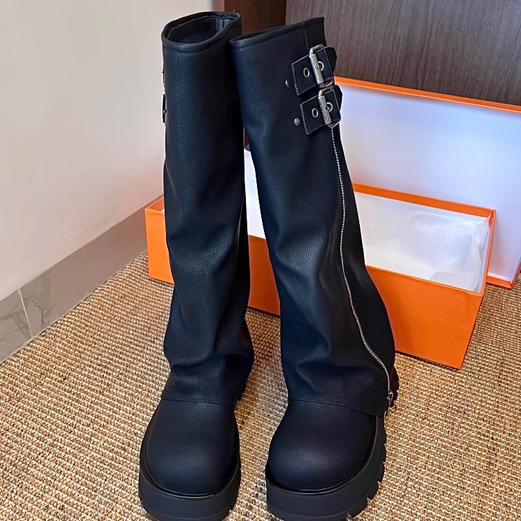拖沓刘天王/小粗腿显腿细厚底拉链烟筒靴/全牛皮加宽筒围/跟高7cm