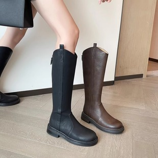 拖沓刘天王/小粗腿巨显瘦全牛皮低跟骑士靴/跟高3cm/大小筒围