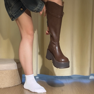 拖沓刘天王/小粗腿显瘦全牛皮大小筒围金属皮带扣骑士靴/跟高7cm