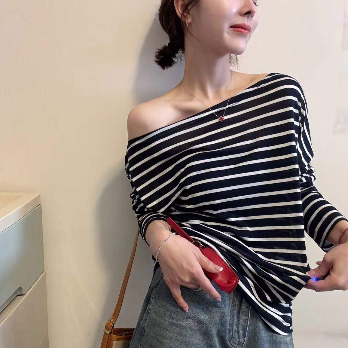 韩版时尚一字肩条纹长袖T恤女2025夏季新款宽松百搭显瘦气质上衣