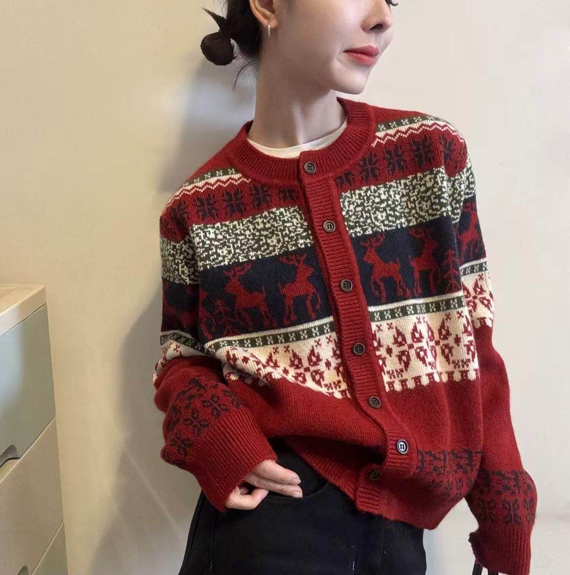 BADX正品复古卡通提花针织开衫外套女25冬季圆领宽松显瘦百搭毛衣