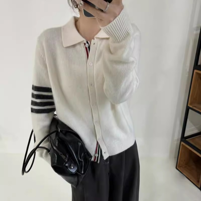 BADX正品韩系学院风翻领针织开衫女冬季宽松显瘦撞色条纹打底上衣