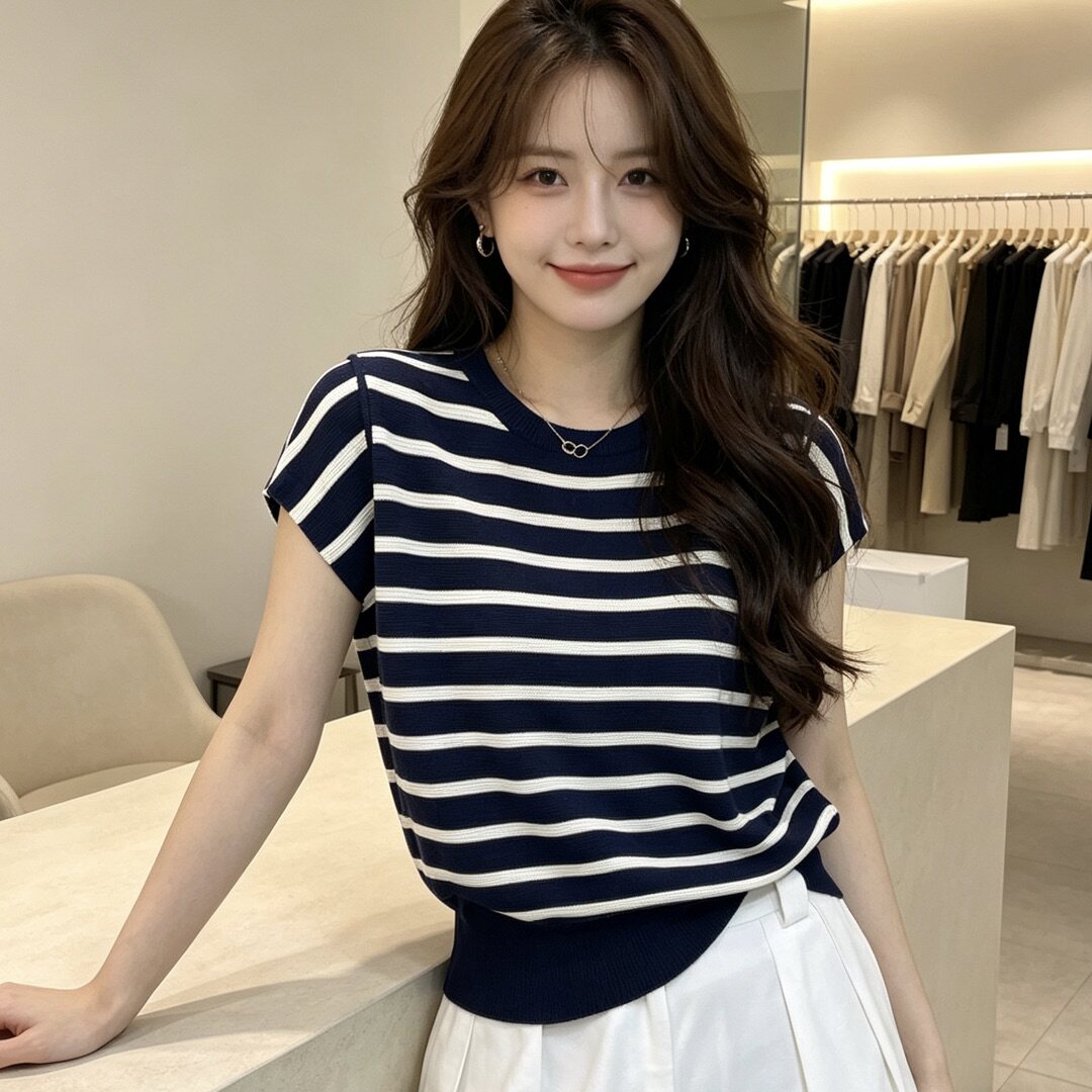 BADX正品韩系薄款条纹针织衫女26夏季宽松显瘦飞飞袖圆领百搭上衣