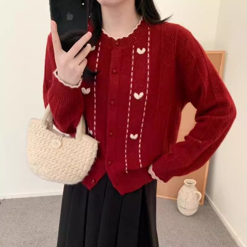 BADX正品爱心刺绣设计感撞色骆驼绒针织开衫女冬季宽松短毛衣外套,女装/女士精品,毛针织衫,淘宝优惠券,粉丝福利购,淘宝优惠卷