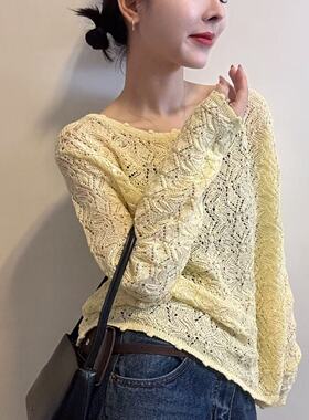 BADX正品26春季纯色设计感长袖小众简约百搭圆领镂空针织衫女上衣