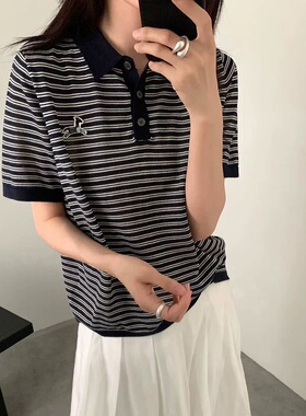 BADX正品小众撞色条纹小马针织短袖T恤女26春季宽松显瘦百搭上衣