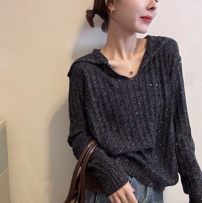 BADX正品时尚大翻亮片针织衫女2025秋季宽松慵懒洋气百搭长袖上衣