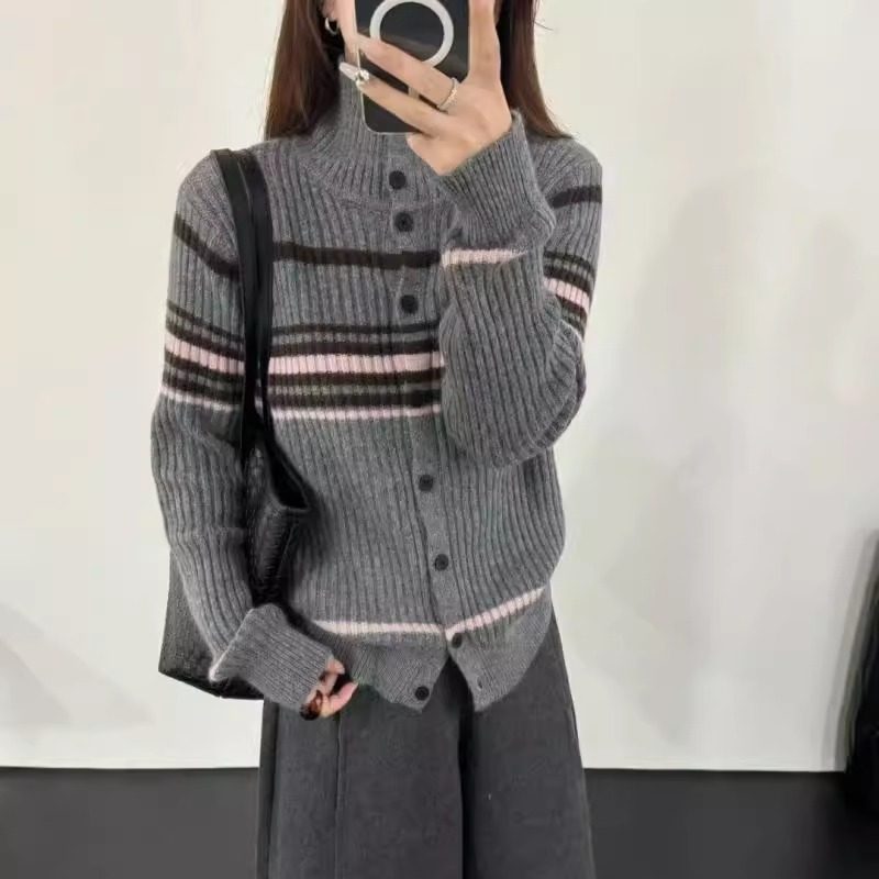 BADX正品撞色条纹立领长袖针织开衫女25冬季韩版宽松显瘦百搭毛衣