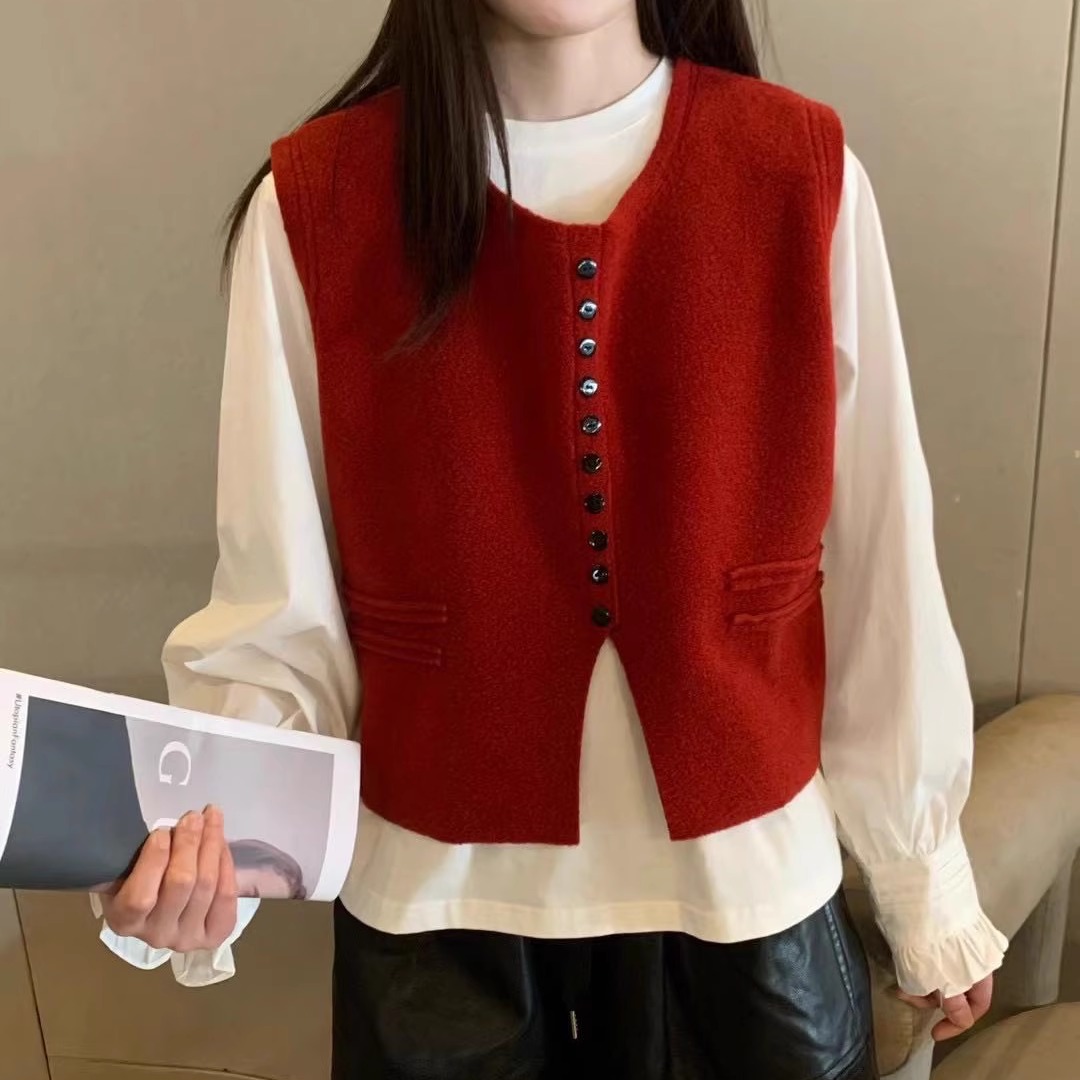 BADX正品欧货圆领针织马甲加白色衬衫两件套女25冬季宽松叠穿上衣