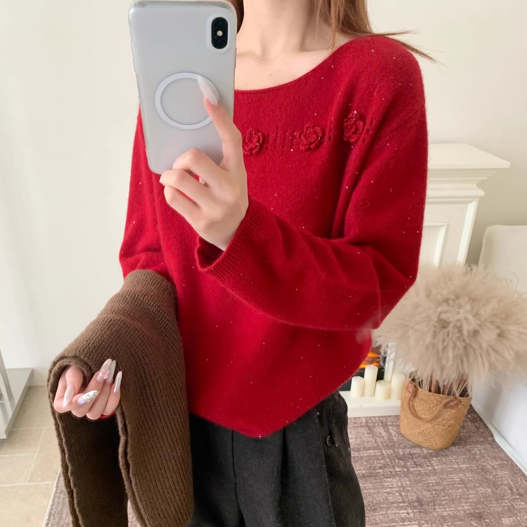 BADX正品25冬季洋气立体小花獭犸绒珠片针织衫女宽松百搭软糯毛衣